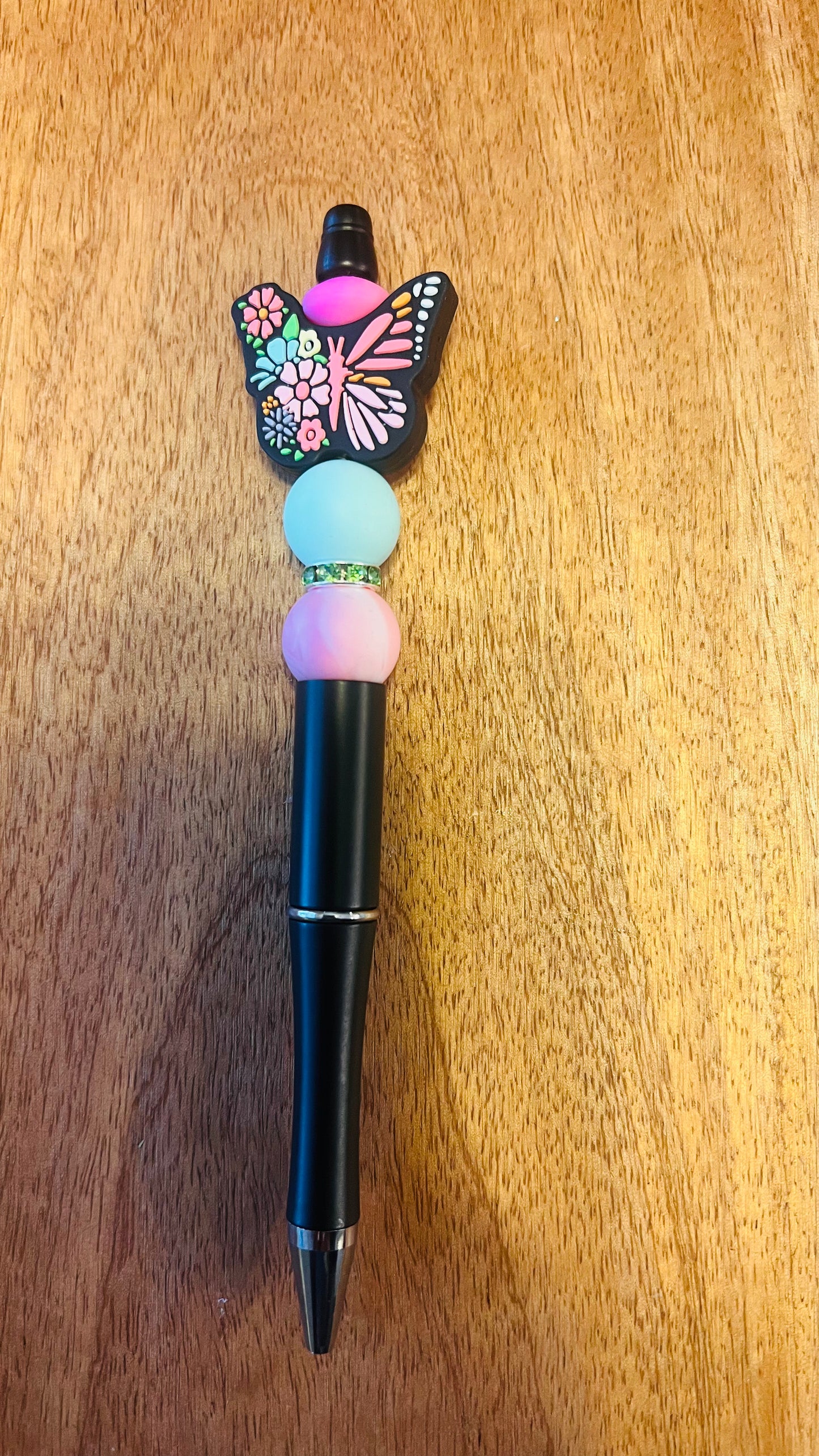 Pen with Butterfly Focal Colors: Sky Blue, Pink Marble, and Green Spacer