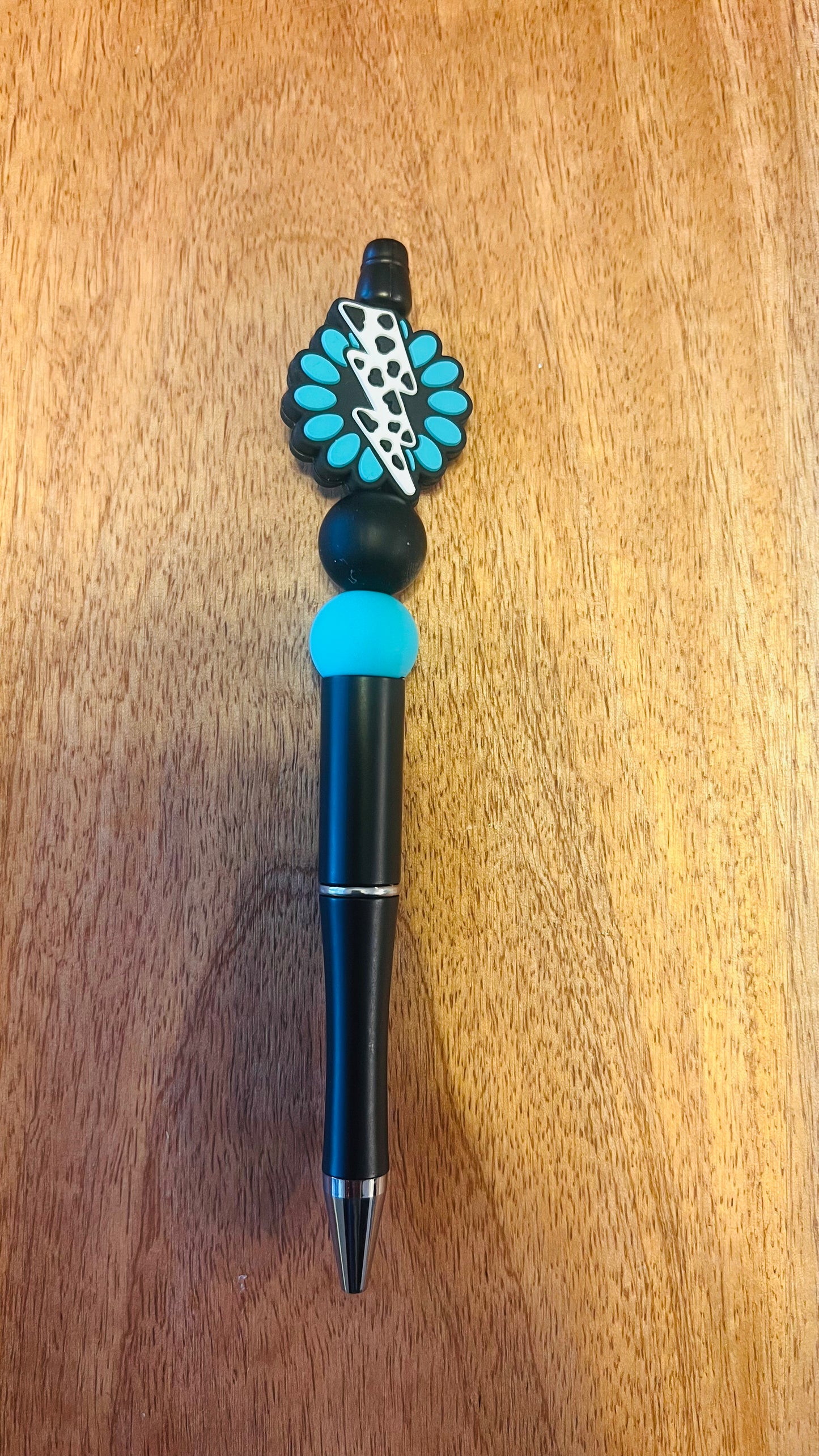 Pen with Cow Print Lightning Bolt Colors: Black and Turquoise