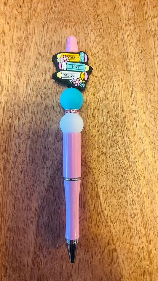 Pen with Teach Love Inspire Focal Colors: Turquoise, White, and Pink Spacer