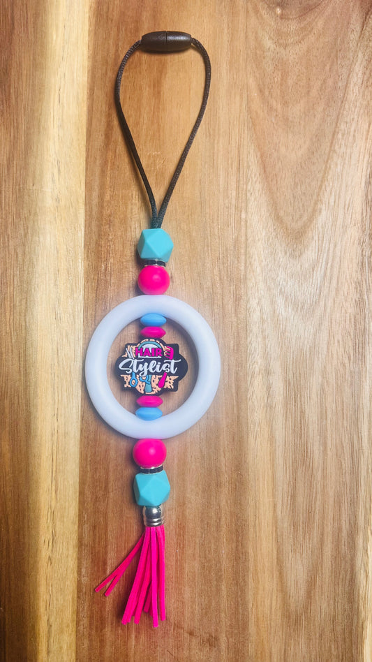 Car Charm with Hair Stylist Focal Colors: Pink, Turquoise, and White