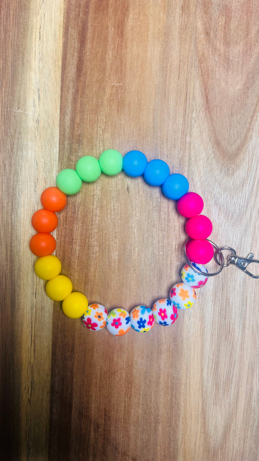 Keychain Wristlet with Flower beads Colors: Yellow, Pink, Blue, Orange, and Green