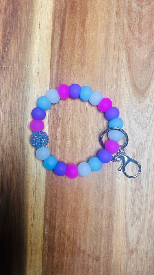 Keychain Wristlet with Glow in the Dark beads Colors: Pink, White, Purple, and Blue