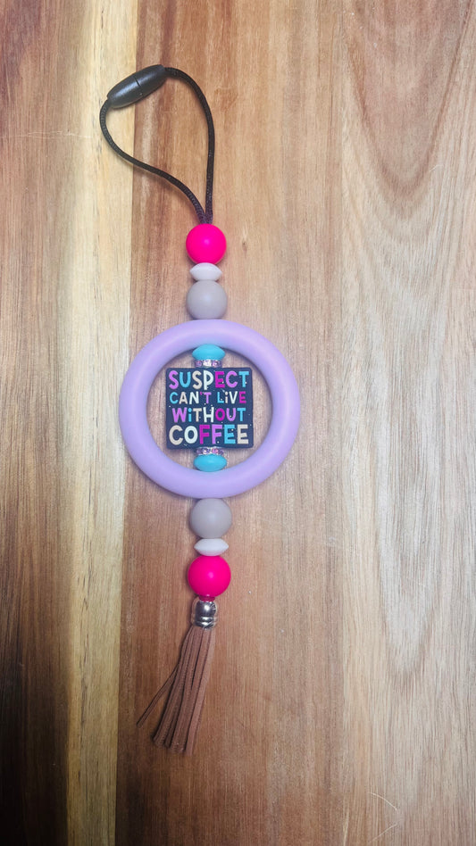 Car Charm with Suspect Can’t Live Without Coffee Focal Colors: Pink, Teal, and Salted Brown