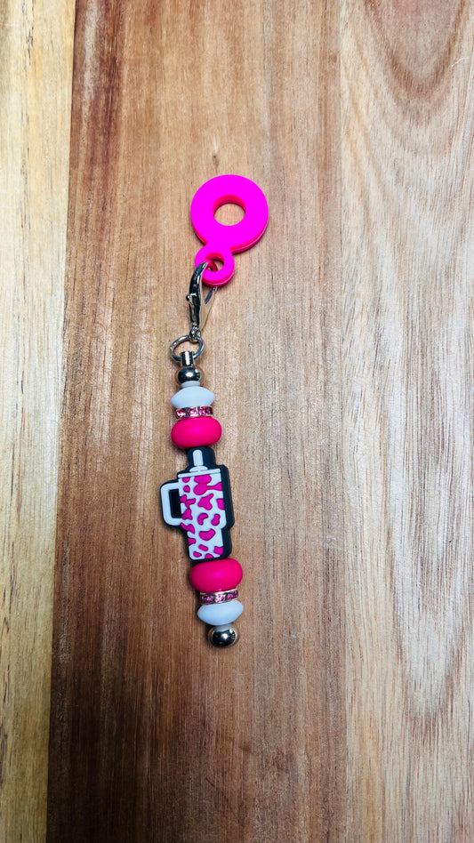 Straw charm with Pink Cup focal Colors: Pink, Black, and White