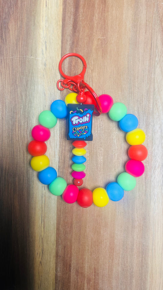 Keychain Wristlet/Bar Keychain with Trolli gummies focal Colors: Pink, Red, Yellow, Blue, and Green