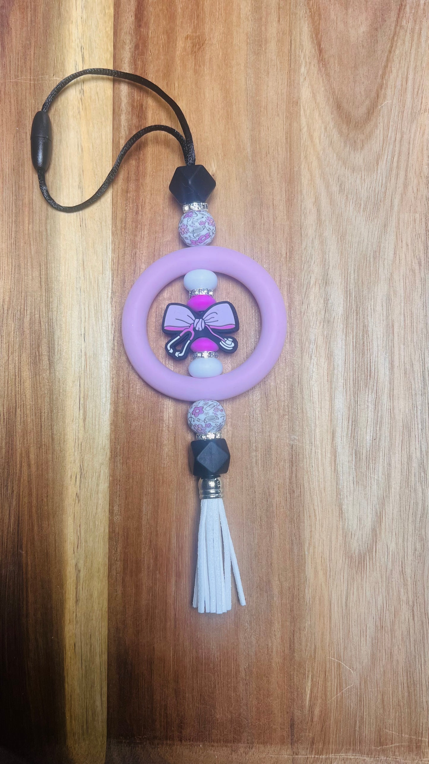 Car Charm with Bow Stethoscope Focal Colors: Pink, White, Black, and Nurse beads