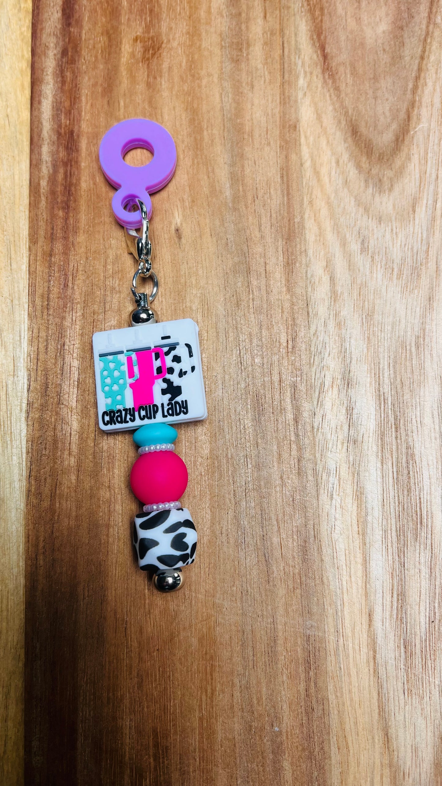 Straw Charm with Crazy Cup Lady focal Colors: Purple, Pink, and Cow print