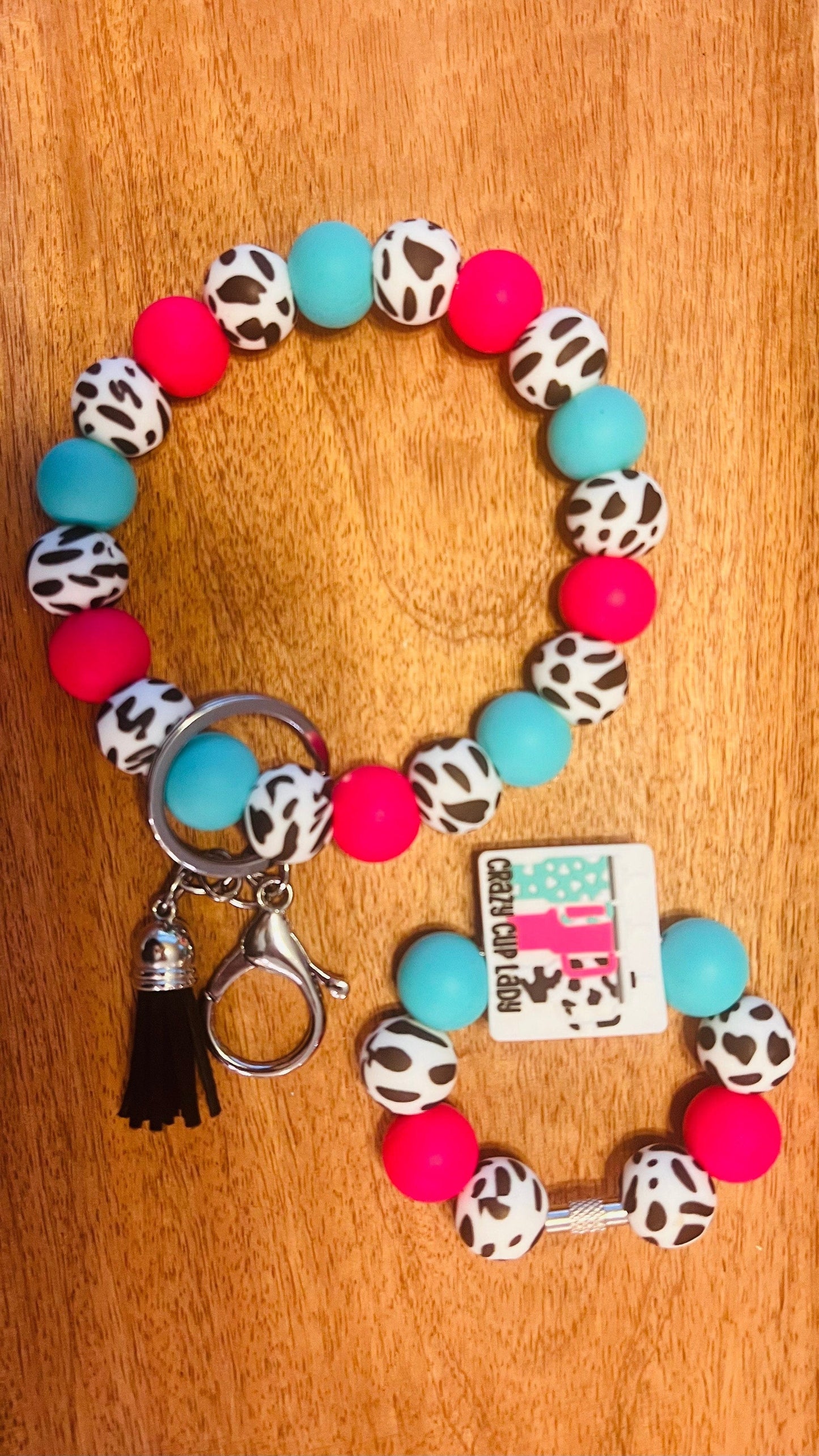 Wristlet Keychain AND Cup Charm with Crazy Cup Lady Focal  Colors: Sky Blue, Pink, and White Cow Print