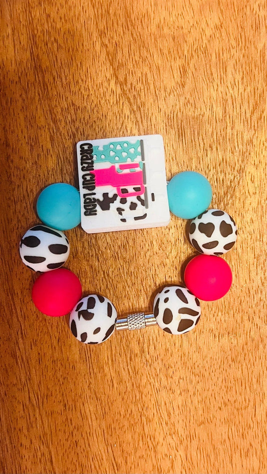 Cup Charm with Crazy Cup Lady Focal Colors: Sky Blue, Pink, and White Cow Print