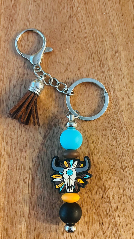 Bar Keychain with Longhorn Skull Focal Colors: Black, Turquoise, and Brown