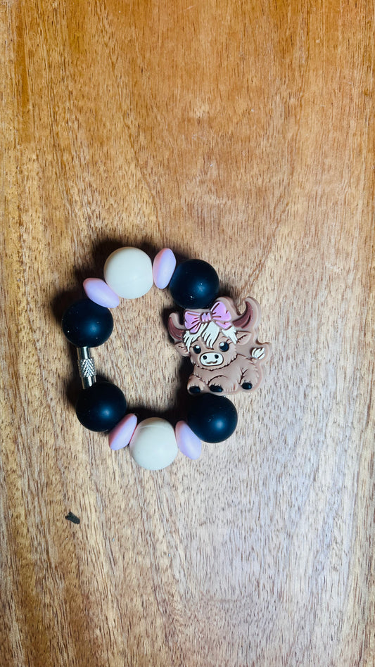 Cup Charm with Baby Girl Cow Colors: Black, Sand, and Baby Pink Lentils