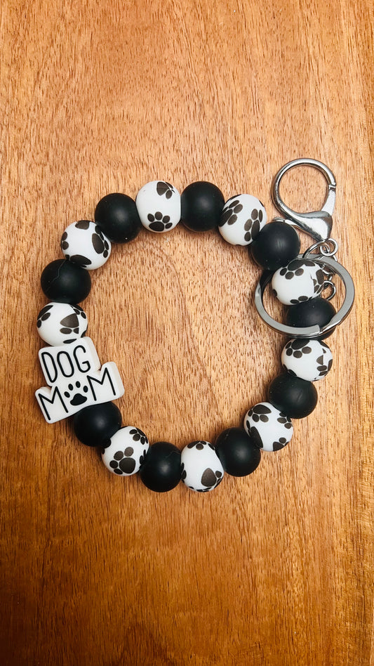 Wristlet Keychain with Dog Mom Focal Colors: Paw Print, Black, and White