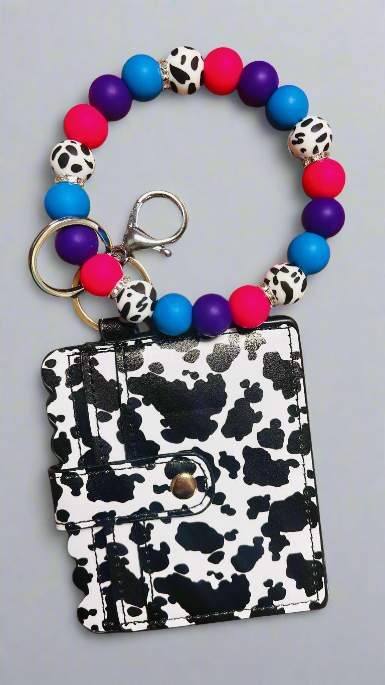 Wristlet Keychain with Cow print ID Wallet Colors: Pink, Purple, Blue, and Cow Print