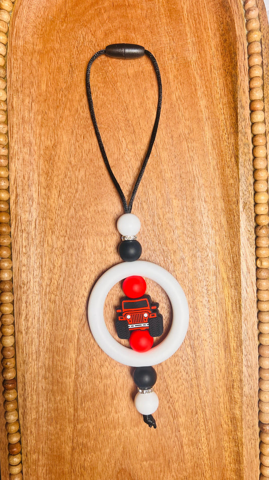 Car Charm with Red Jeep Focal Colors: Red, Black, and White