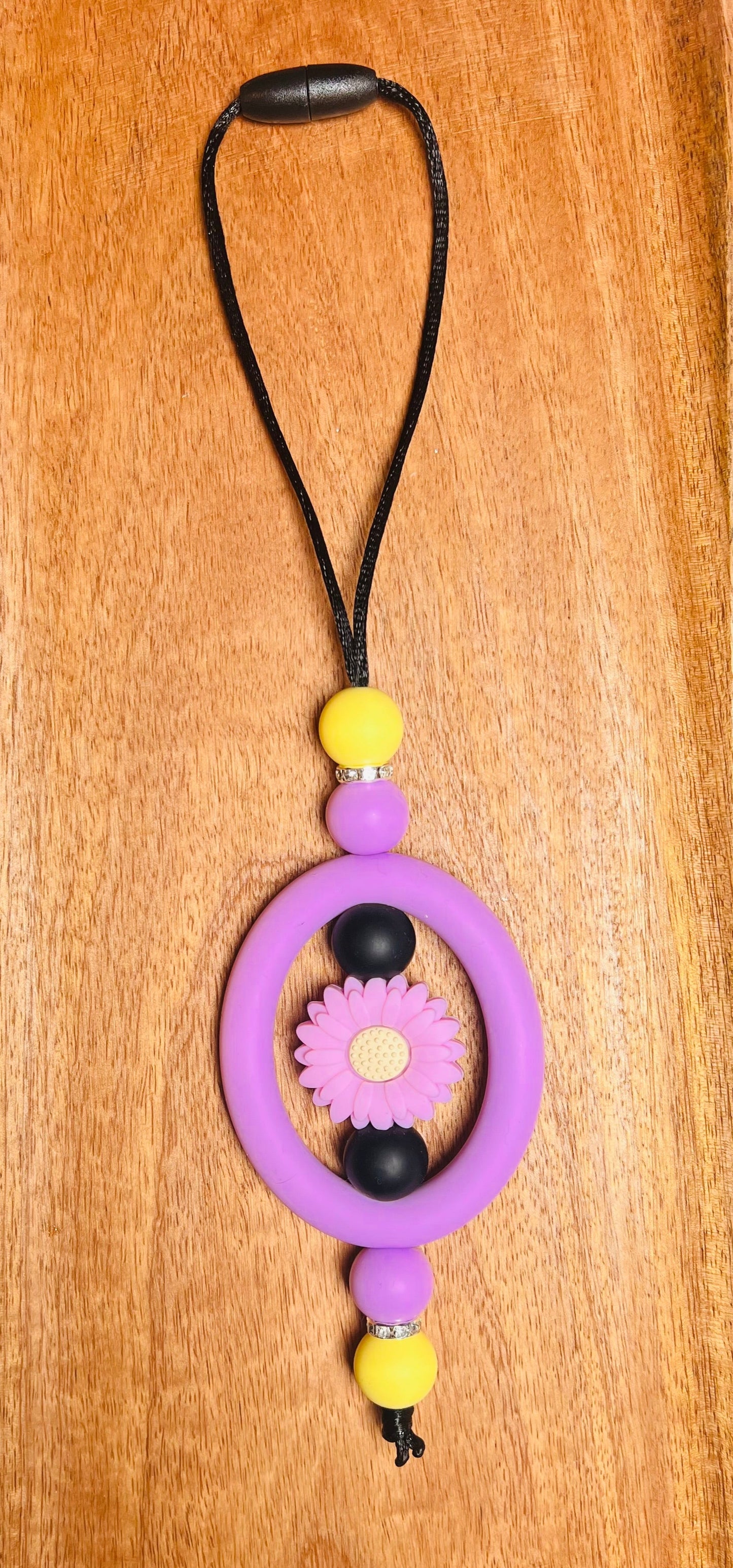 Car Charm with Purple Flower Focal Colors: Purple, Yellow, and Black